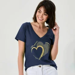 T-shirt col V imprimé doré