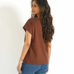 T-shirt col V imprimé léopard doré, coton