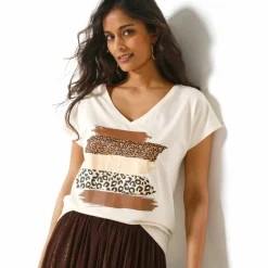 T-shirt col V imprimé léopard doré, coton