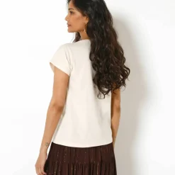 T-shirt col V imprimé léopard doré, coton