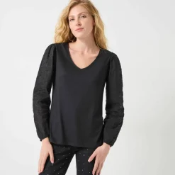 T-shirt col V manches dentelle