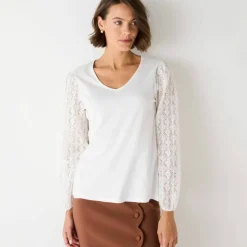 T-shirt col V manches dentelle