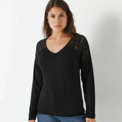 T-shirt col V manches longues dentelle