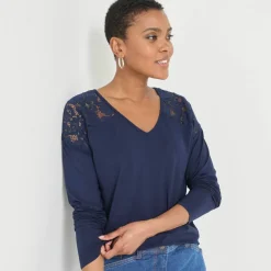 T-shirt col V manches longues dentelle