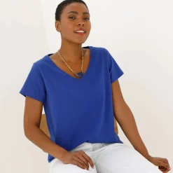 T-shirt col V uni manches courtes, coton