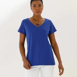 T-shirt col V uni manches courtes, coton