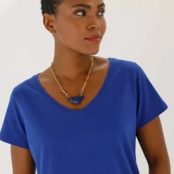 T-shirt col V uni manches courtes, coton