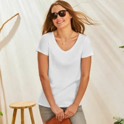 T-shirt col V uni manches courtes, coton