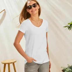 T-shirt col V uni manches courtes, coton