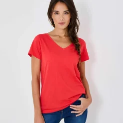 T-shirt col V uni manches courtes, coton