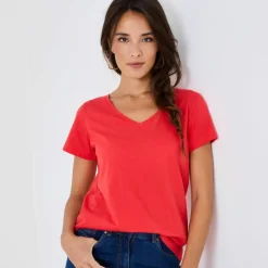 T-shirt col V uni manches courtes, coton