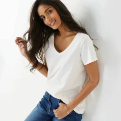 T-shirt col V uni manches courtes, coton
