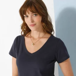 T-shirt col V uni manches courtes, coton