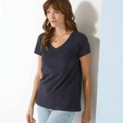 T-shirt col V uni manches courtes, coton