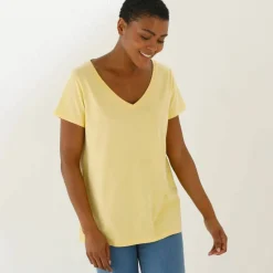 T-shirt col V uni manches courtes, coton
