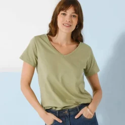 T-shirt col V uni manches courtes, coton