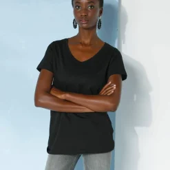 T-shirt col V uni manches courtes, coton