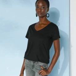 T-shirt col V uni manches courtes, coton