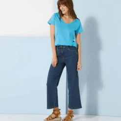 T-shirt col V uni manches courtes, coton