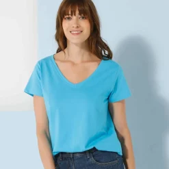 T-shirt col V uni manches courtes, coton