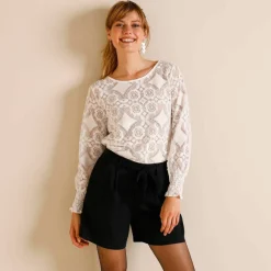 T-shirt dentelle manches longues blousantes