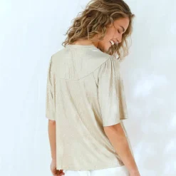 T-shirt doré manches "coude", maille fantaisie plissée