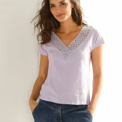 T-shirt forme "boîte" col V macramé, coton-lin