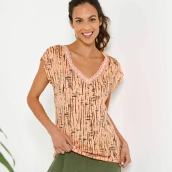 T-shirt imprimé, col V macramé