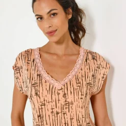 T-shirt imprimé, col V macramé