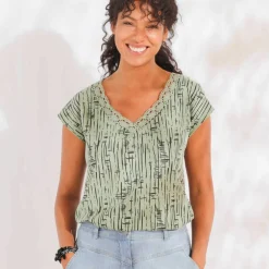 T-shirt imprimé, col V macramé