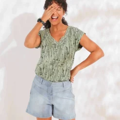 T-shirt imprimé, col V macramé