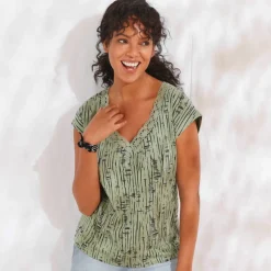 T-shirt imprimé, col V macramé