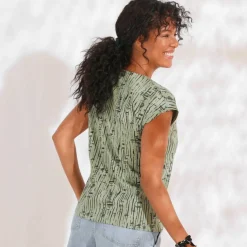 T-shirt imprimé, col V macramé