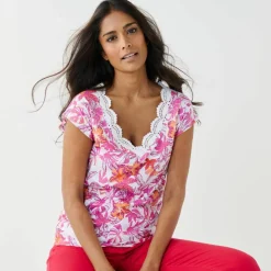 T-shirt imprimé, col V macramé