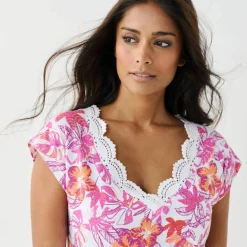 T-shirt imprimé, col V macramé