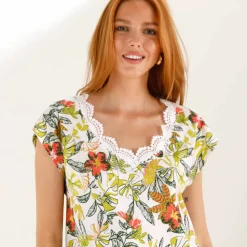 T-shirt imprimé, col V macramé