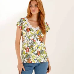 T-shirt imprimé, col V macramé