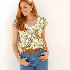 T-shirt imprimé, col V macramé