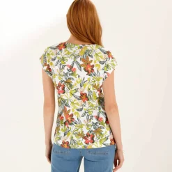 T-shirt imprimé, col V macramé