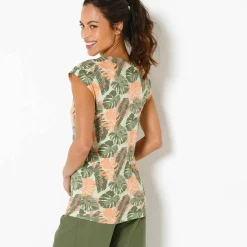 T-shirt imprimé végétal, col macramé