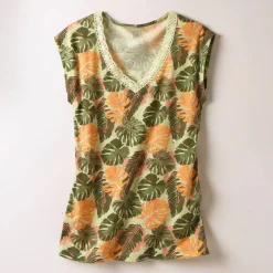T-shirt imprimé végétal, col macramé