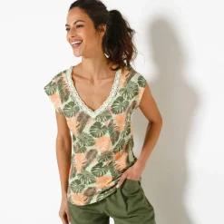 T-shirt imprimé végétal, col macramé