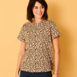 T-shirt manches courtes à revers, imprimé peau de bête