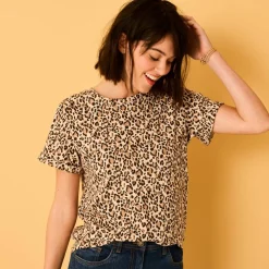 T-shirt manches courtes à revers, imprimé peau de bête