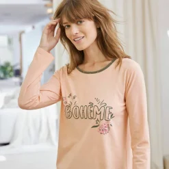 T-shirt manches longues coton uni imprimé placé "Bohème"