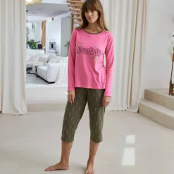 T-shirt manches longues coton uni imprimé placé "Bohème"
