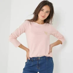 T-shirt marinière manches longues, brodé "cœur" uni ou imprimé léopard
