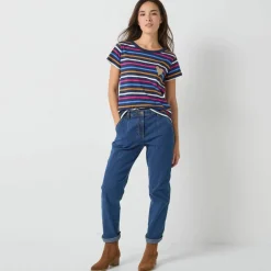 T-shirt rayé manches courtes, brodé "cœur" doré