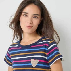 T-shirt rayé manches courtes, brodé "cœur" doré