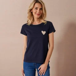 T-shirt uni brodé coeur manches courtes